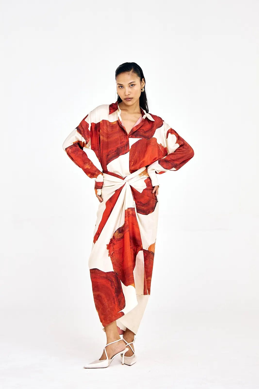 Abstract Print Collared Midi Dress with Knot Waist — Simple Iconic Dresses