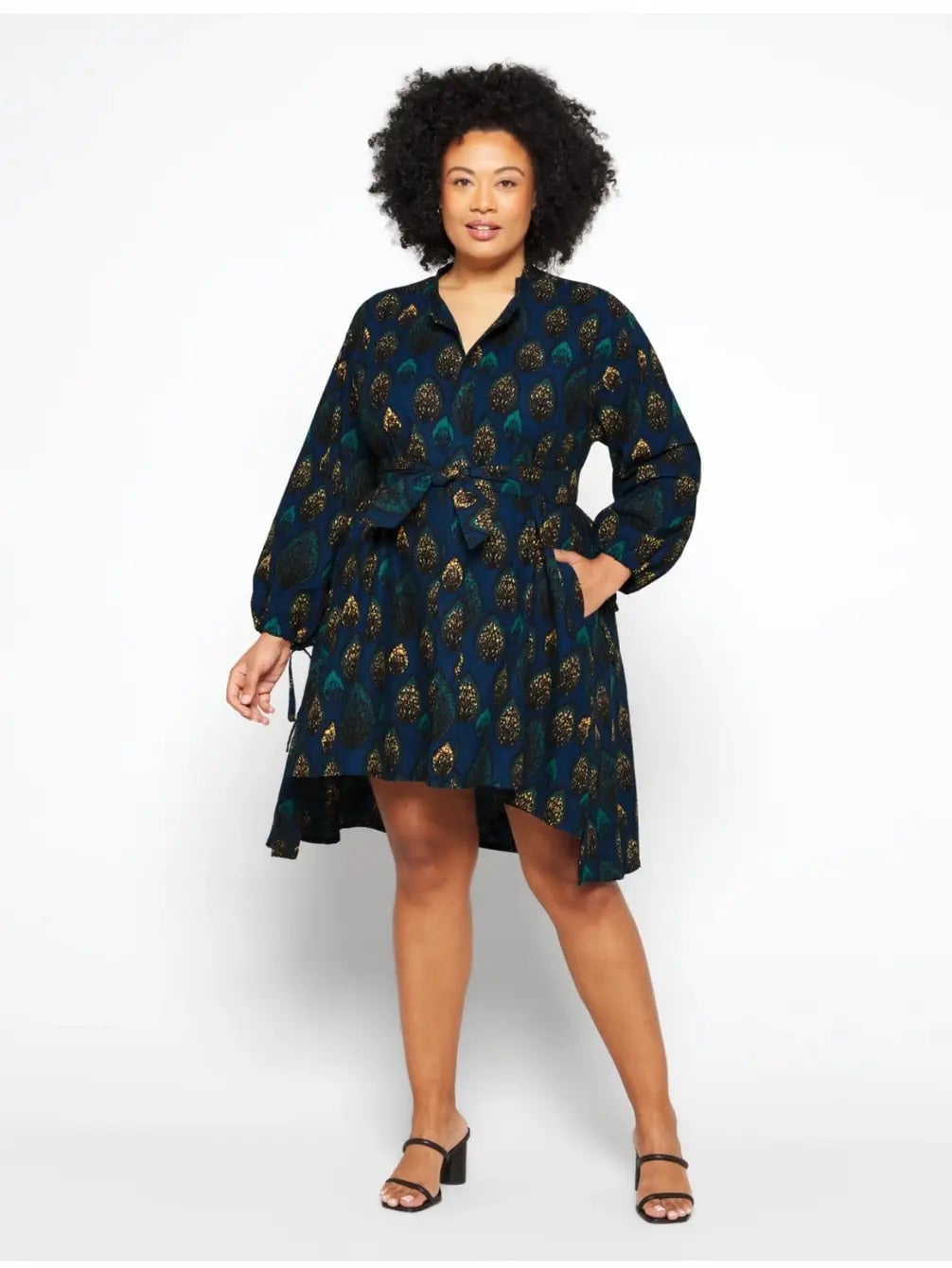 Blue Leaf Print Shirt Dress with Tie Belt — Simple Iconic Dresses