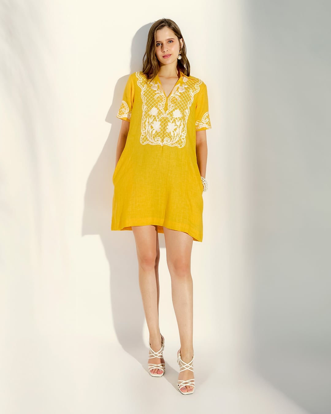 Yellow Embroidered Linen Blend Shift Dress — Simple Iconic Dresses