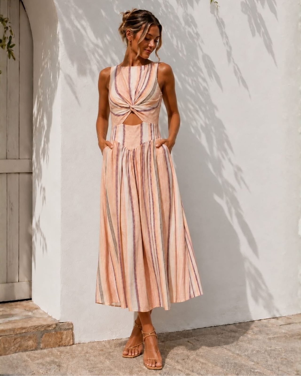Striped Linen Blend Midi Dress with Knot Detail — Simple Iconic Dresses