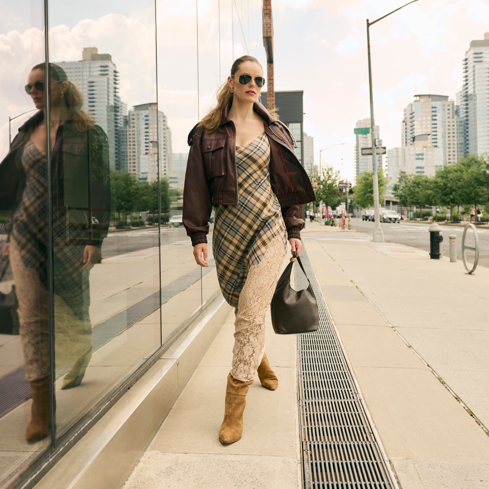 Plaid Slip Dress Layered with Leather Jacket — Simple Iconic Dresses