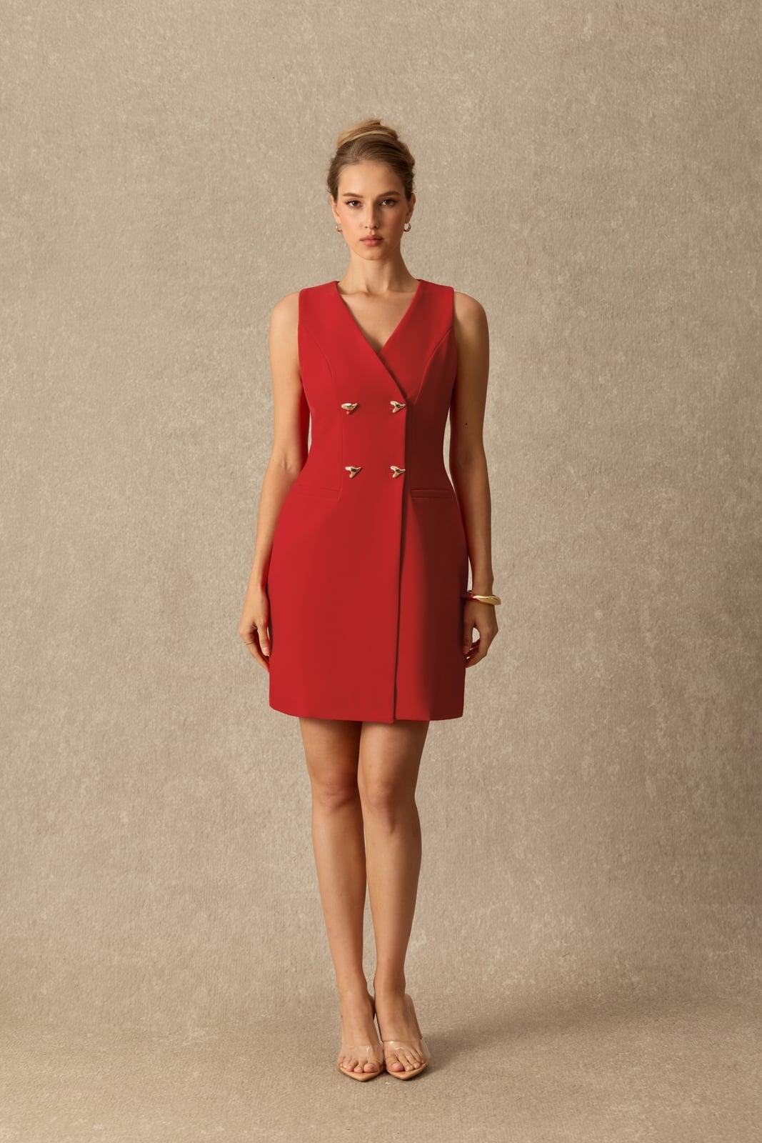 Sleeveless Red Mini Dress with Gold Buttons — Simple Iconic Dresses