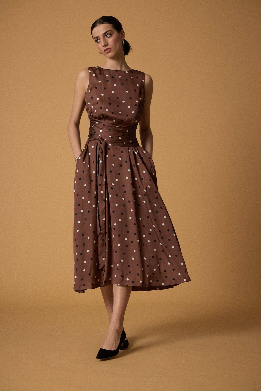 Brown Polka Dot Midi Dress with Belt — Simple Iconic Dresses