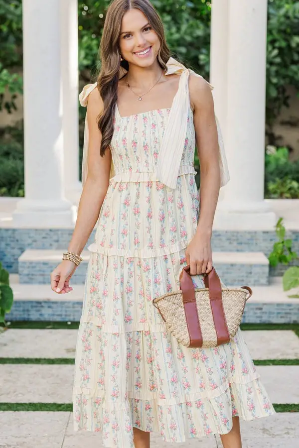 Yellow Tiered Maxi Dress with Blue Stripes — Simple Iconic Dresses