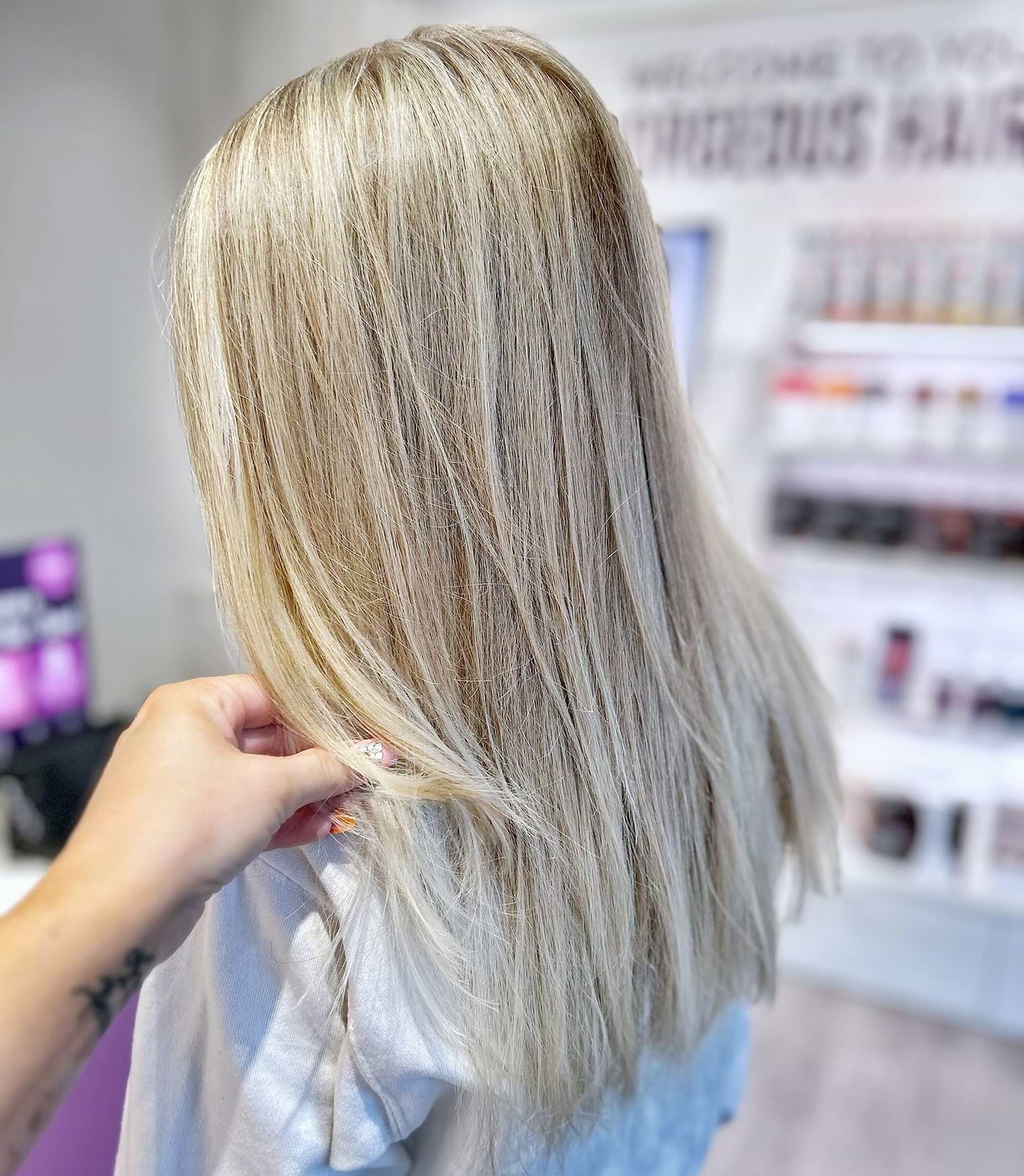 Mid-Back Ash Blonde With Lighter Highlights Mid-Back Ash Blonde With Lighter Highlights — Simple Icy Blonde