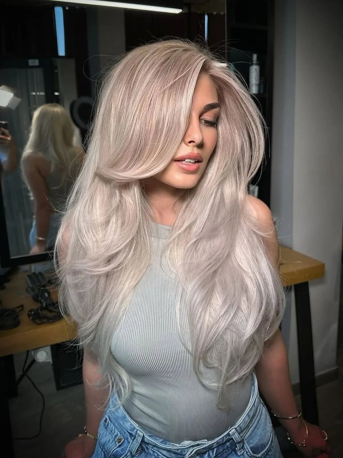 Mid-Back Platinum Blonde Straight With Volume, Layers Mid-Back Platinum Blonde Straight With Volume, Layers — Simple Icy Blonde