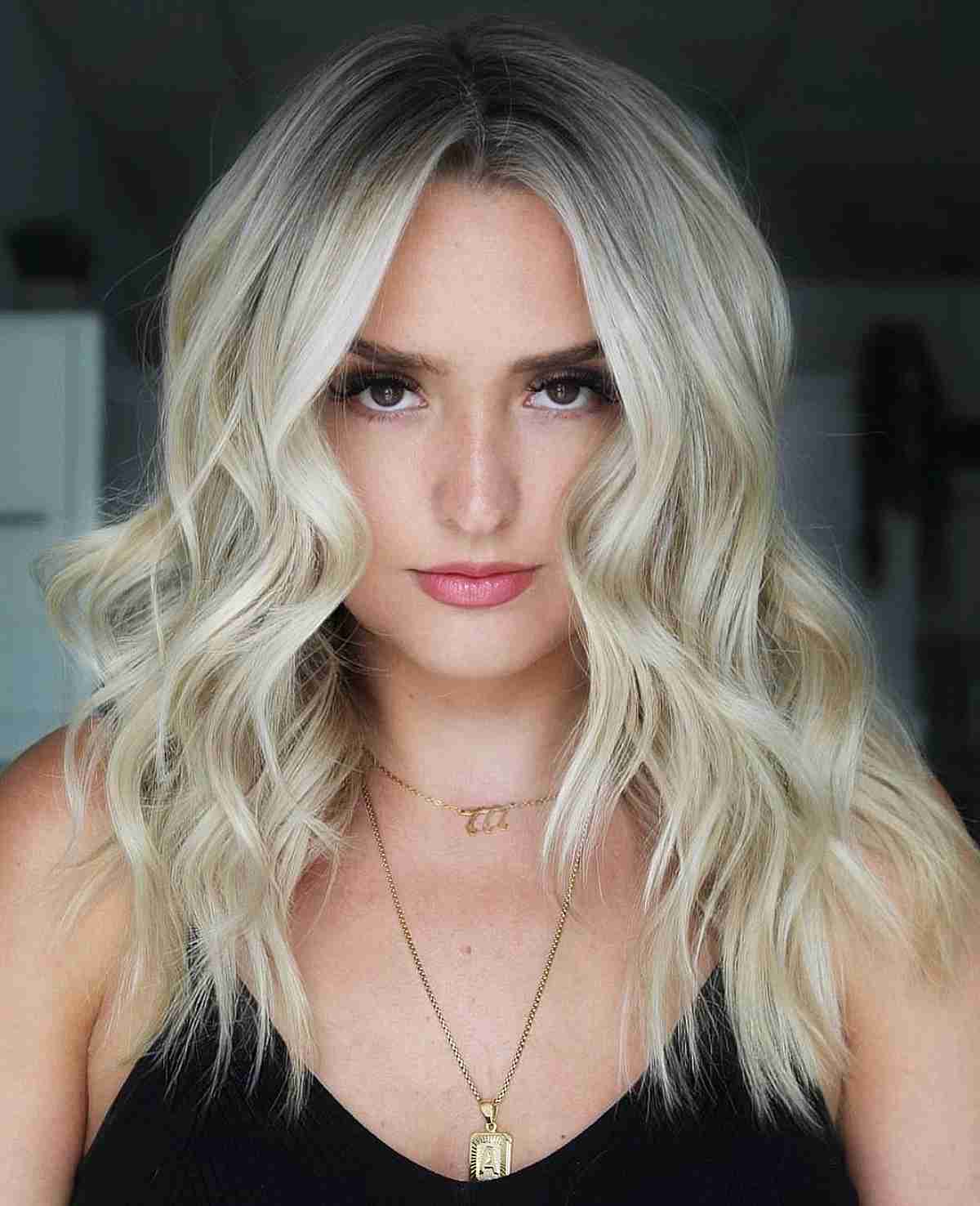 Mid-Back Platinum Blonde Waves With Layers, Middle Mid-Back Platinum Blonde Waves With Layers, Middle — Simple Icy Blonde
