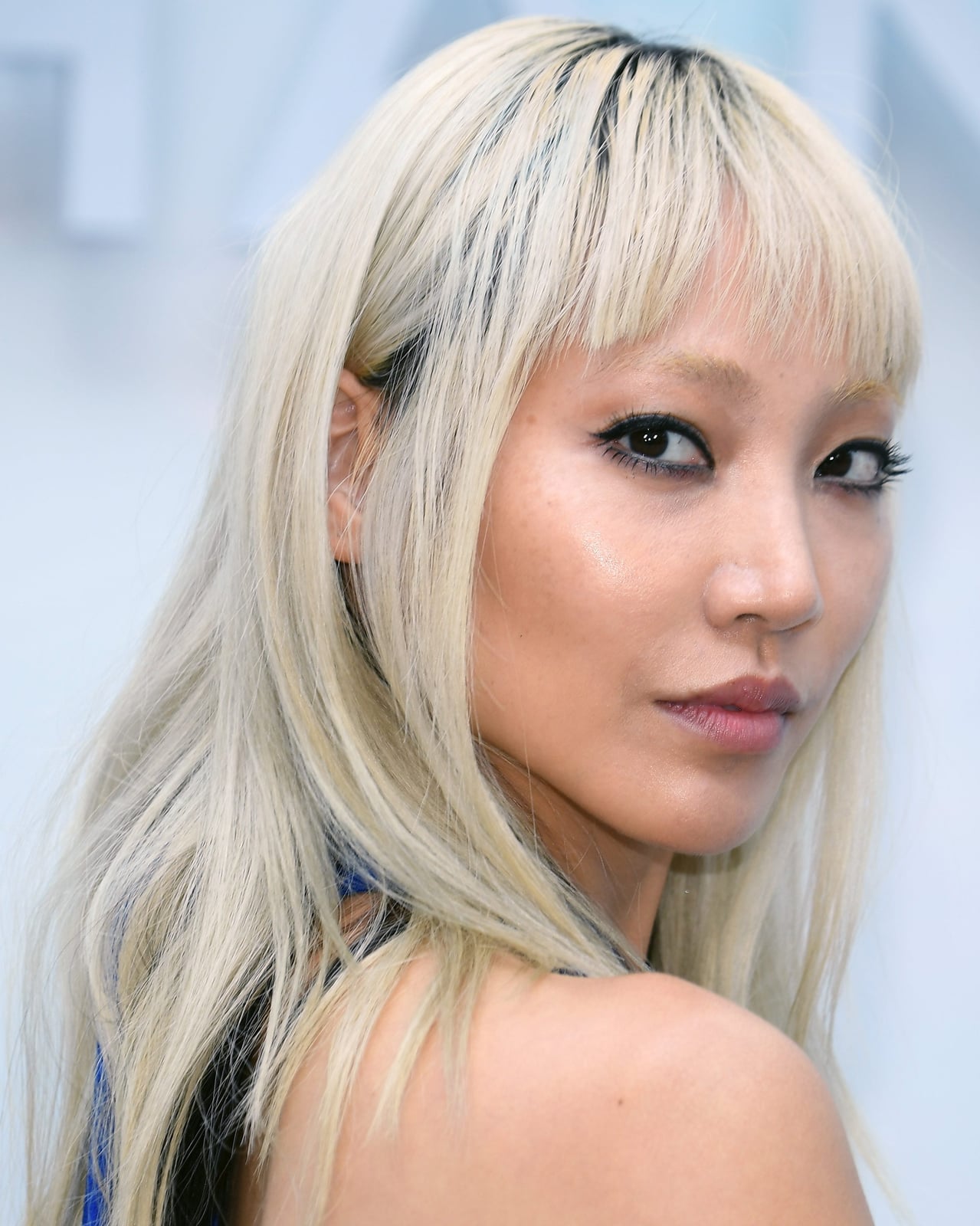 Long Bleached Blonde With Blunt Bangs Long Bleached Blonde With Blunt Bangs — Simple Icy Blonde