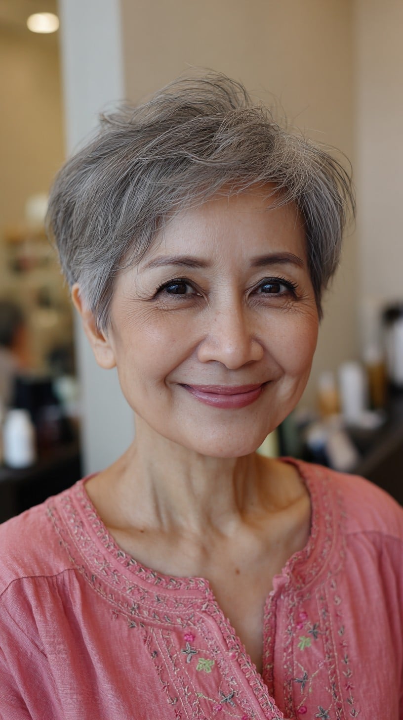 Textured Gray Pixie With Wispy Bangs — Simple Japanese Hair