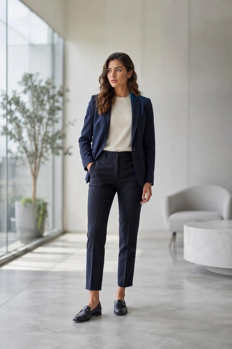 Navy Pantsuit with Cream Knit Top and Black Loafers Navy Pantsuit with Cream Knit Top and Black Loafers — Simple Job Interview Outfits