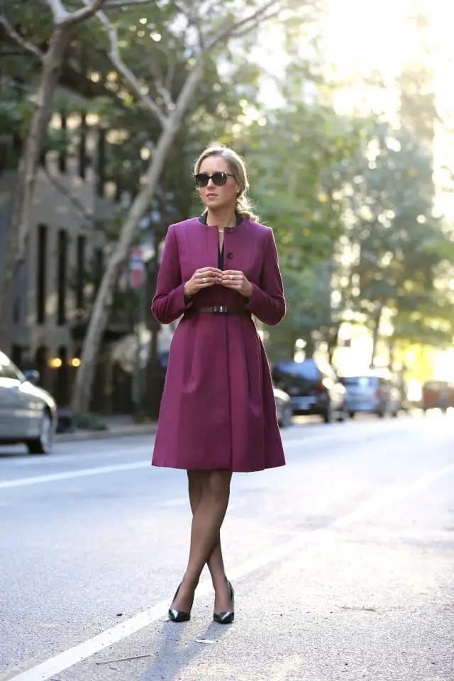 Purple Coat Dress with Black Belt and Silver Heels Purple Coat Dress with Black Belt and Silver Heels — Simple Job Interview Outfits