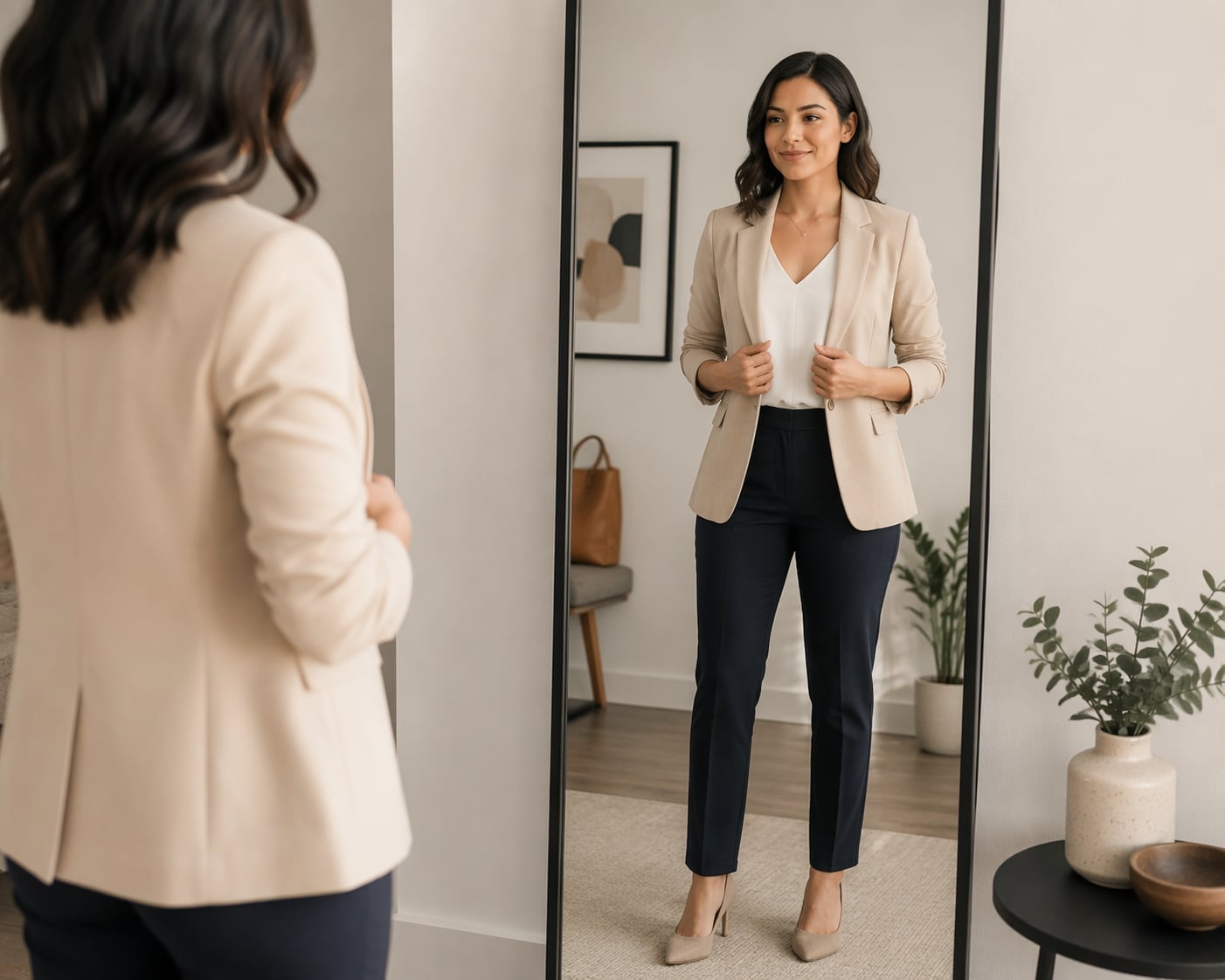 Beige Blazer with White V-Neck Top and Navy Trousers Beige Blazer with White V-Neck Top and Navy Trousers — Simple Job Interview Outfits