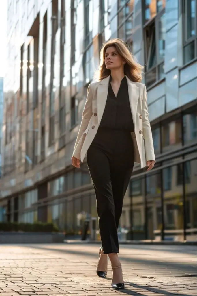 Beige Double-Breasted Blazer with Black Blouse and Trousers Beige Double-Breasted Blazer with Black Blouse and Trousers — Simple Job Interview Outfits