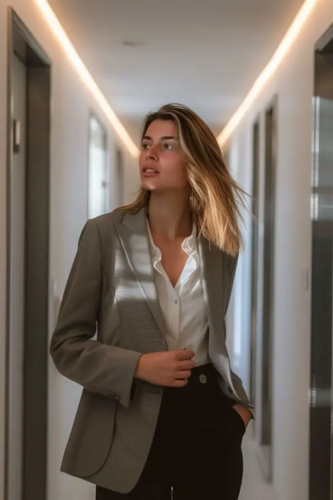 Gray Relaxed-Fit Blazer with White Shirt and Black Trousers Gray Relaxed-Fit Blazer with White Shirt and Black Trousers — Simple Job Interview Outfits