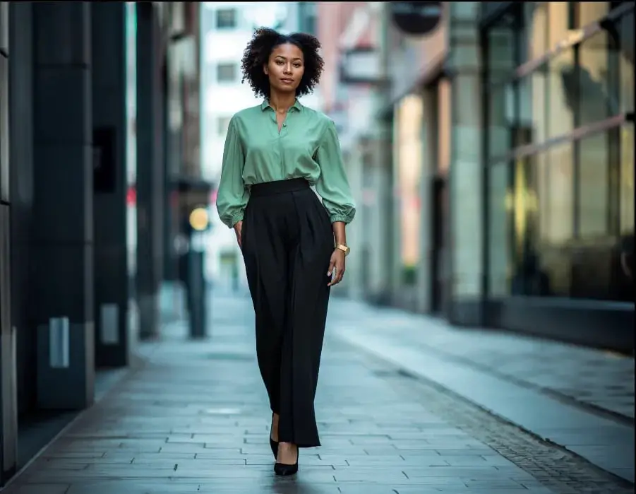 Pale Green Shirt and High-Waisted Black Wide-Leg Trousers Pale Green Shirt and High-Waisted Black Wide-Leg Trousers — Simple Job Interview Outfits