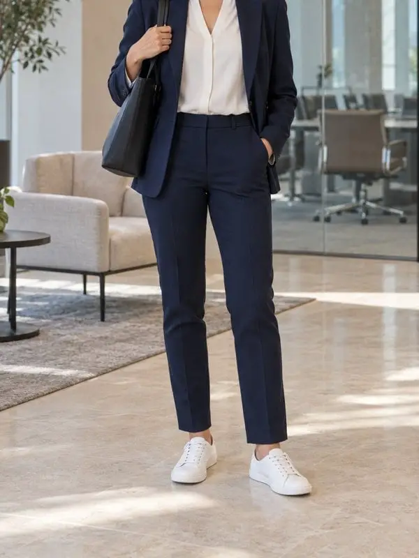 Navy Blue Suit with White Blouse and White Sneakers Navy Blue Suit with White Blouse and White Sneakers — Simple Job Interview Outfits