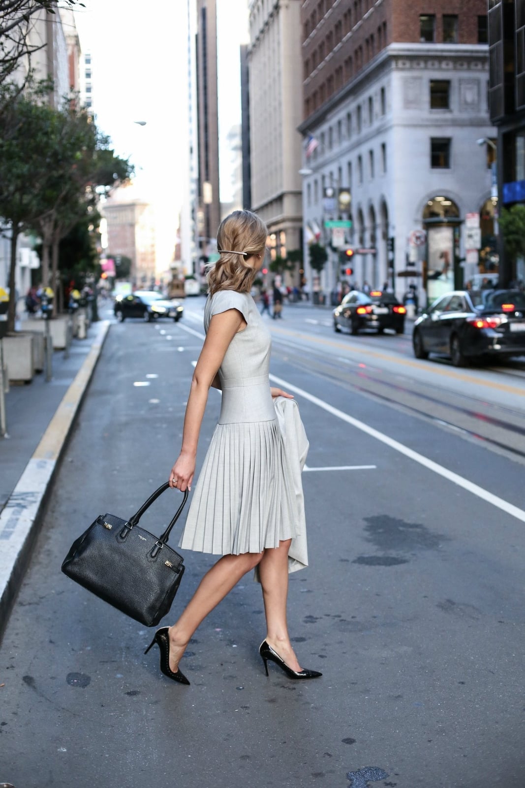 Gray Fit-And-Flare Dress with Pleated Skirt Gray Fit-And-Flare Dress with Pleated Skirt — Simple Job Interview Outfits