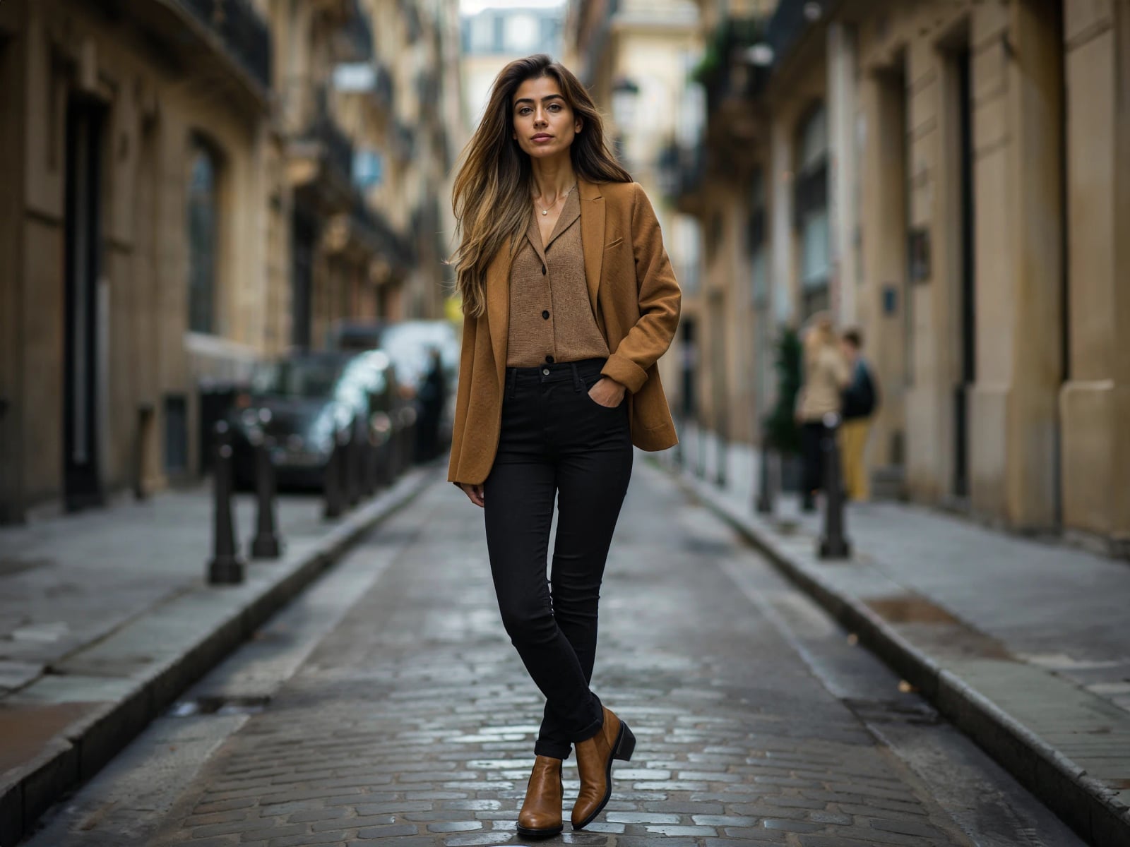 Camel Blazer with Brown Knit Top and Black Skinny Jeans Camel Blazer with Brown Knit Top and Black Skinny Jeans — Simple Job Interview Outfits