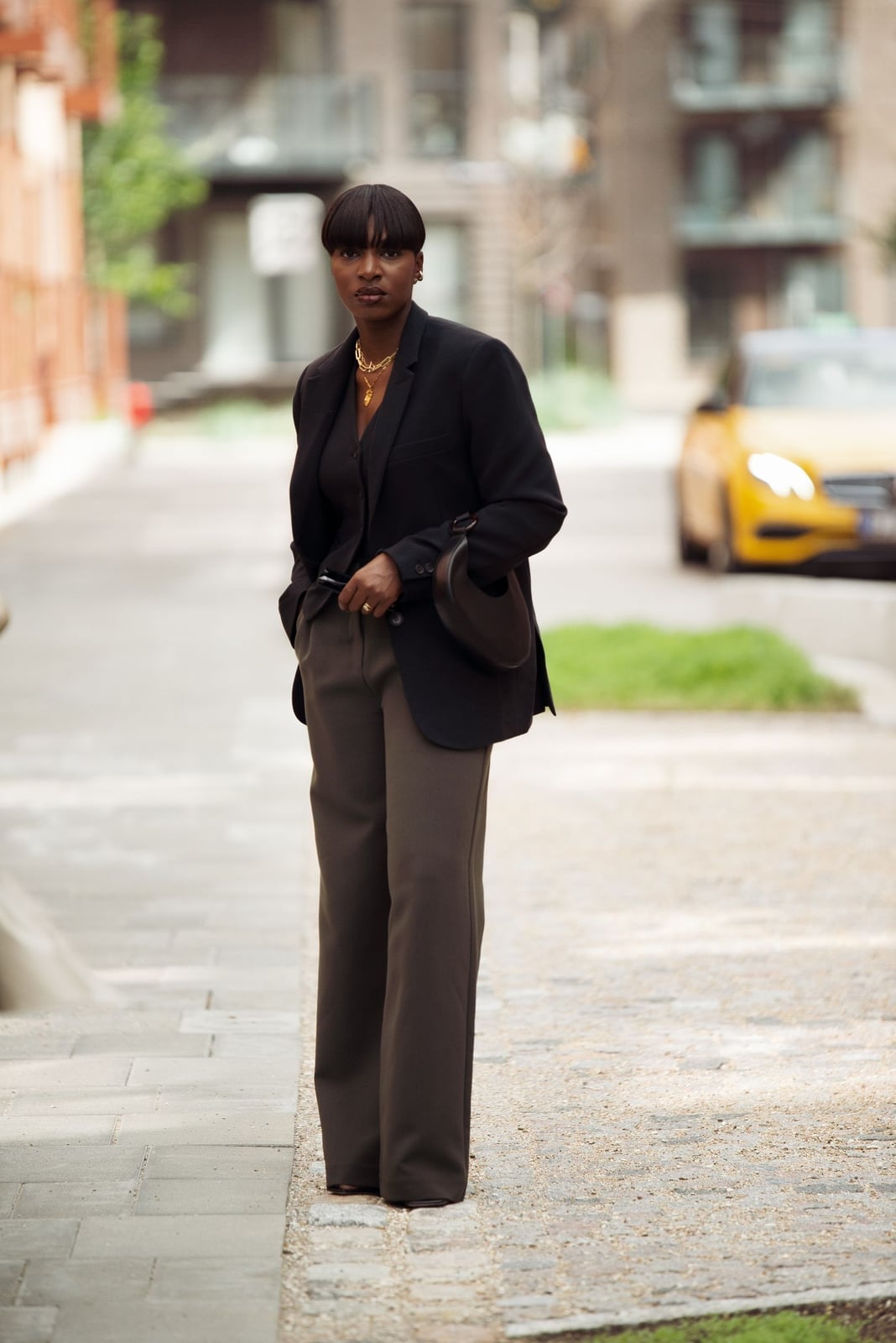 Oversized Black Blazer Over Dark V-Neck Top with Charcoal Wide-Leg Oversized Black Blazer Over Dark V-Neck Top with Charcoal Wide-Leg — Simple Job Interview Outfits