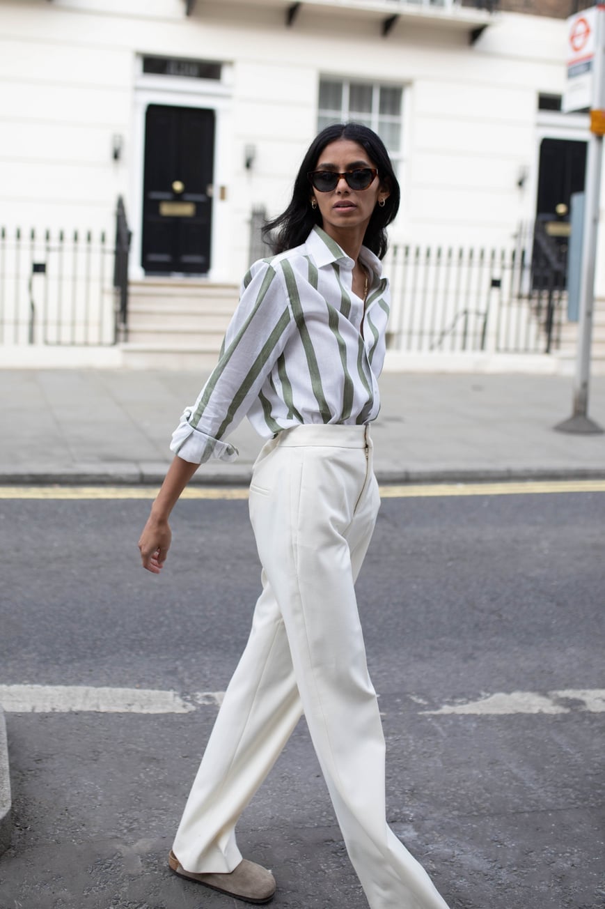 Striped Button-Down Shirt with Cream Wide-Leg Trousers and Slip-On Striped Button-Down Shirt with Cream Wide-Leg Trousers and Slip-On — Simple Job Interview Outfits