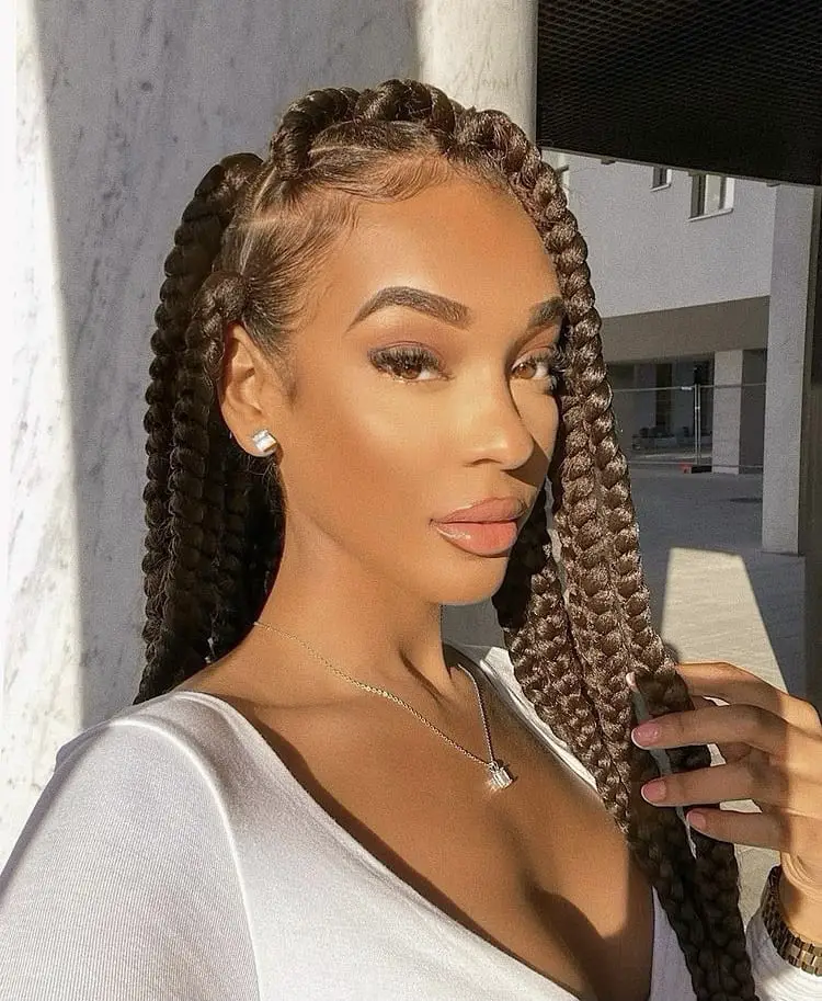 Wavy Dark Brown Box Braids Side Parting — Simple Jumbo Braids