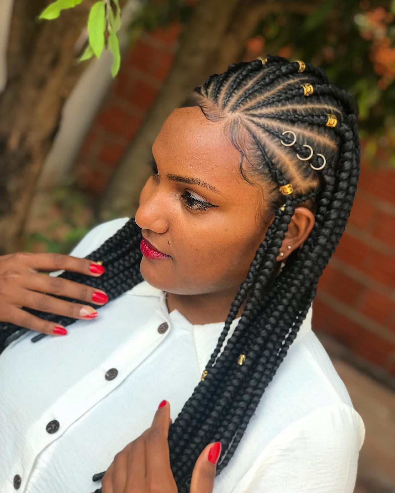 Black Braids With Gold Accessories Side Style — Simple Jumbo Braids