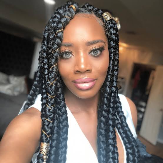 Black Box Braids With Gold Decorative Elements — Simple Jumbo Braids