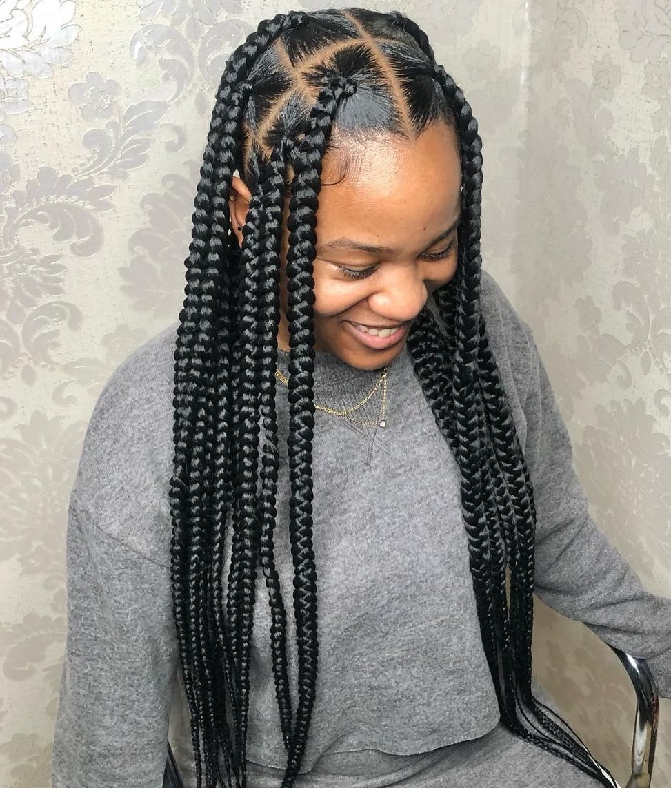 Straight Black Box Braids With Neat Parting — Simple Jumbo Braids