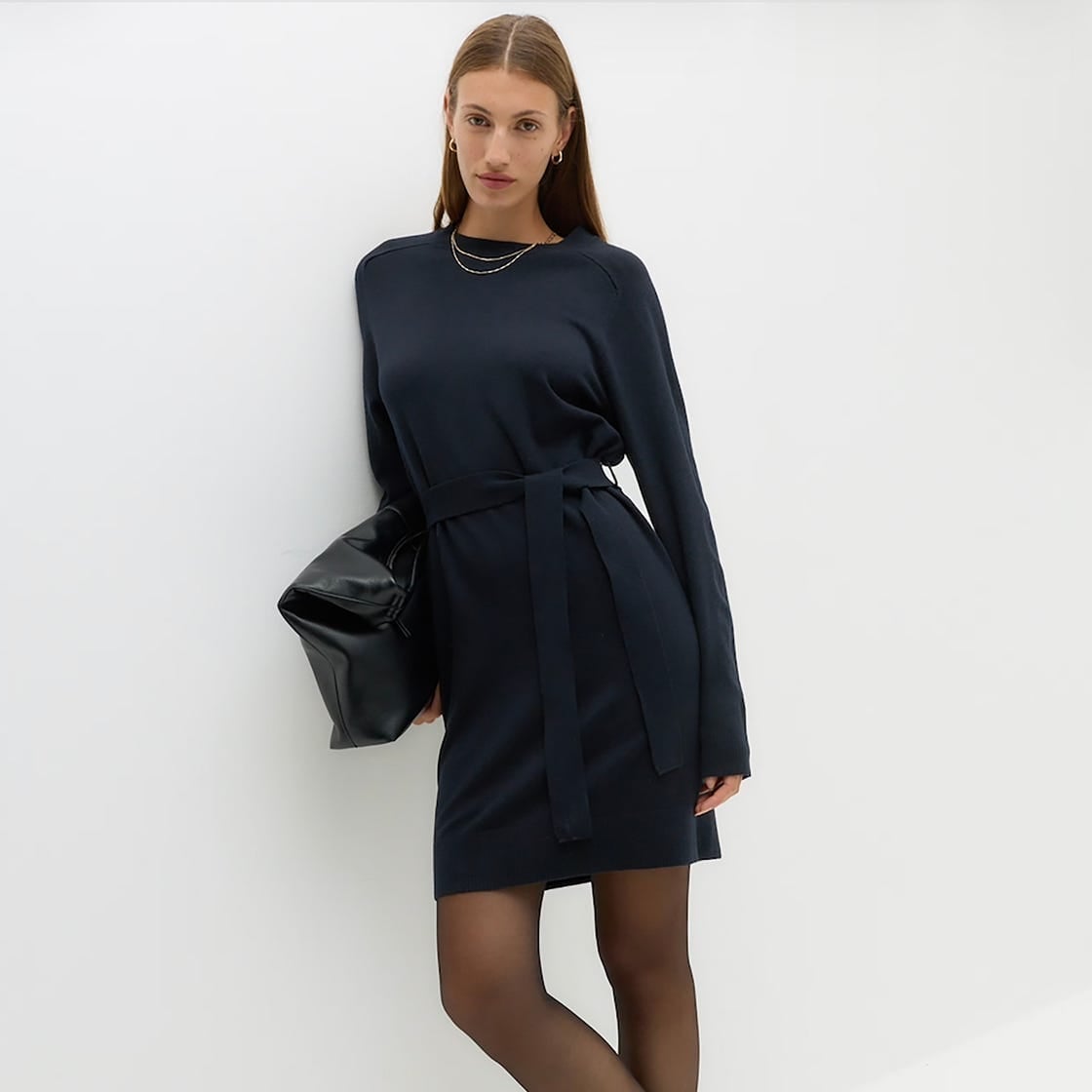 Navy Blue Belted Straight Knit Midi Dress — Simple Knitted Dresses