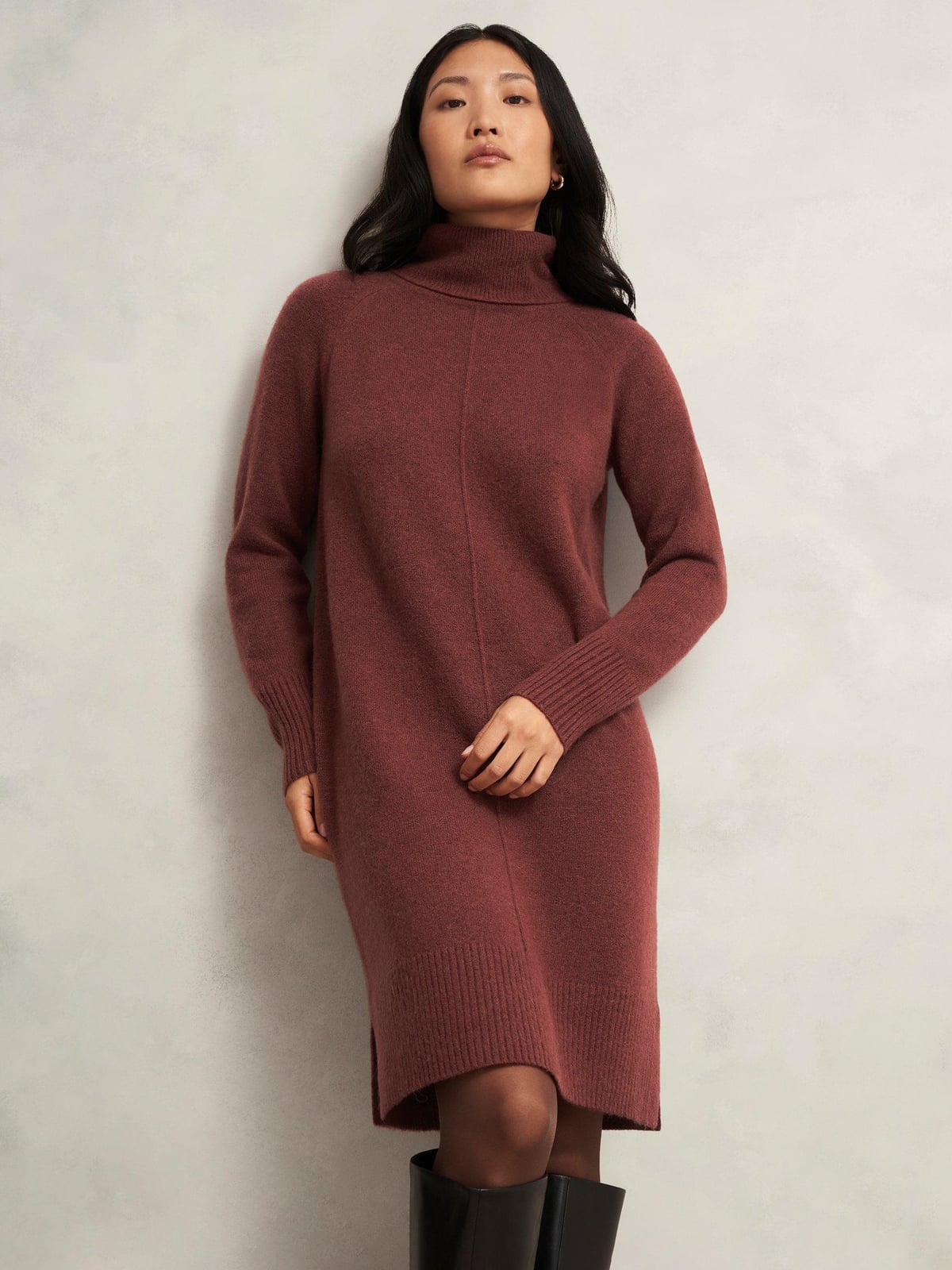 Muted Red Turtleneck A-line Knit Dress — Simple Knitted Dresses