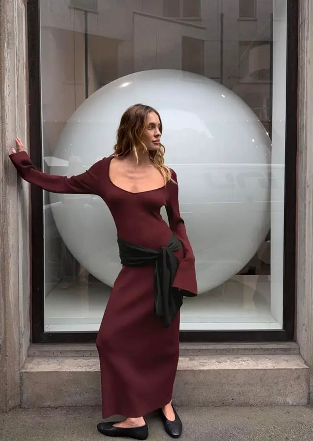 Burgundy Ribbed Knit Midi Dress with Black Sash — Simple Knitted Dresses