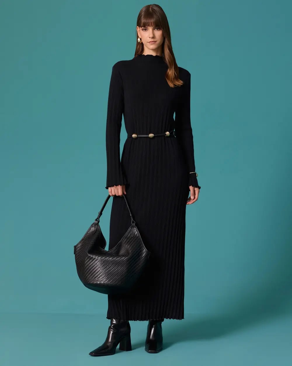Black Ribbed Knit Midi Dress with Woven Belt and Gold Earrings — Simple Knitted Dresses