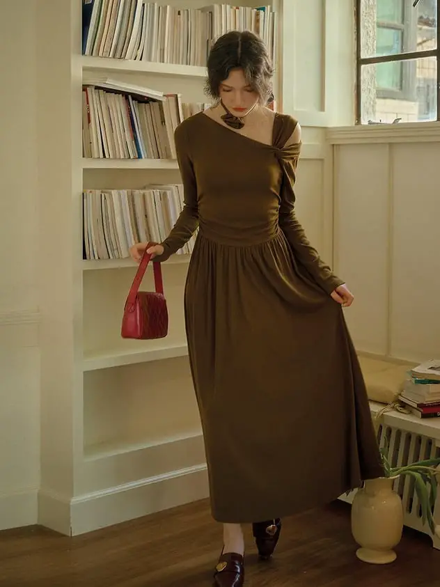 Olive Green Asymmetrical Neckline Knit Dress — Simple Knitted Dresses