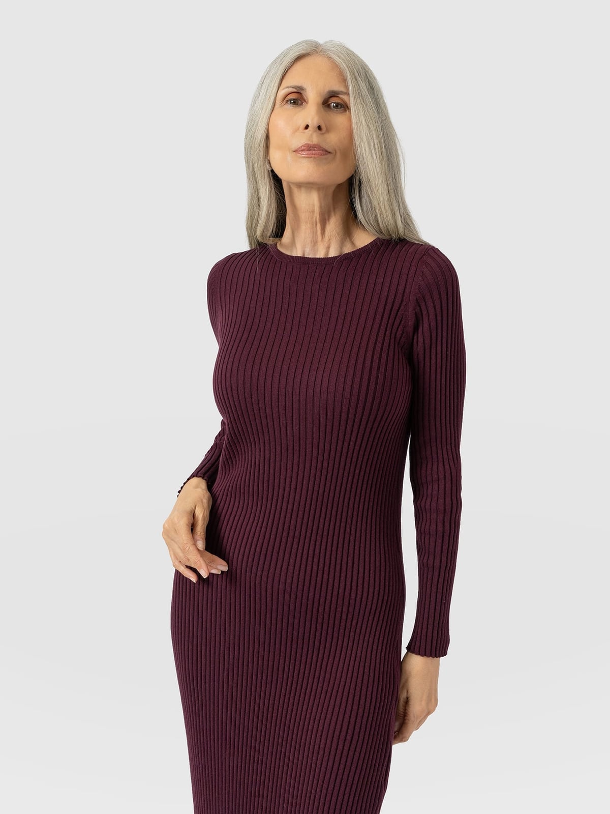 Plum Ribbed Knit Column Dress, Close-Up Take — Simple Knitted Dresses
