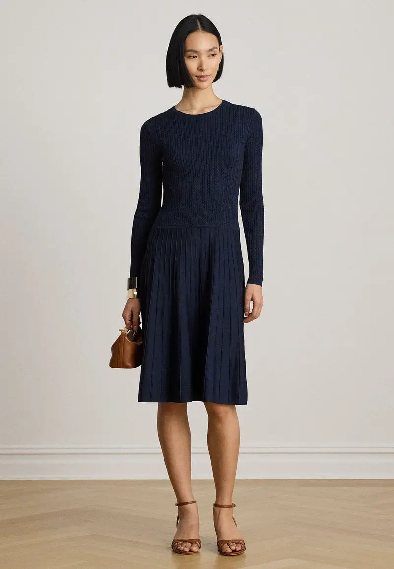 Navy Blue Knit Dress with Pleated Flared Skirt — Simple Knitted Dresses