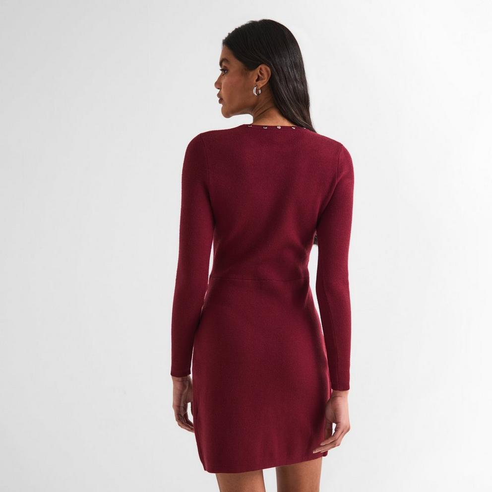 Dark Red Ribbed Knit Mini Dress with Neckline Button — Simple Knitted Dresses