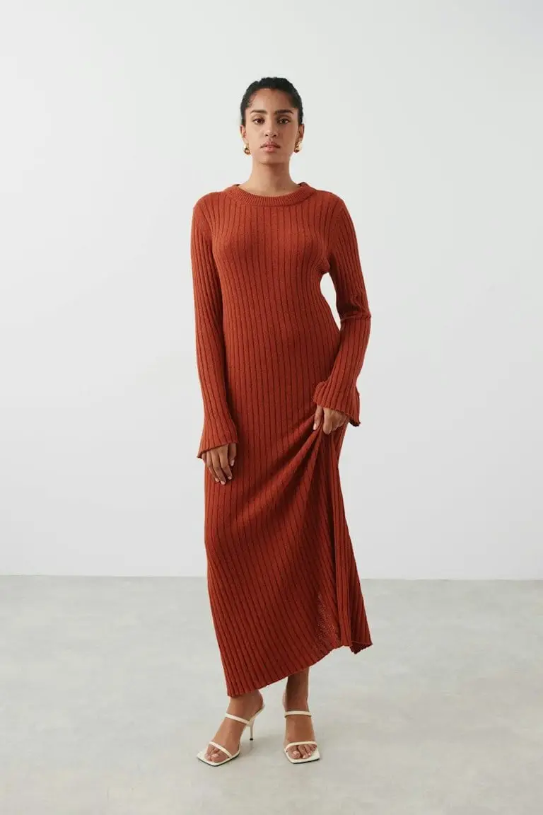 Burnt Orange Ribbed Knit Dress with Flowing Skirt — Simple Knitted Dresses