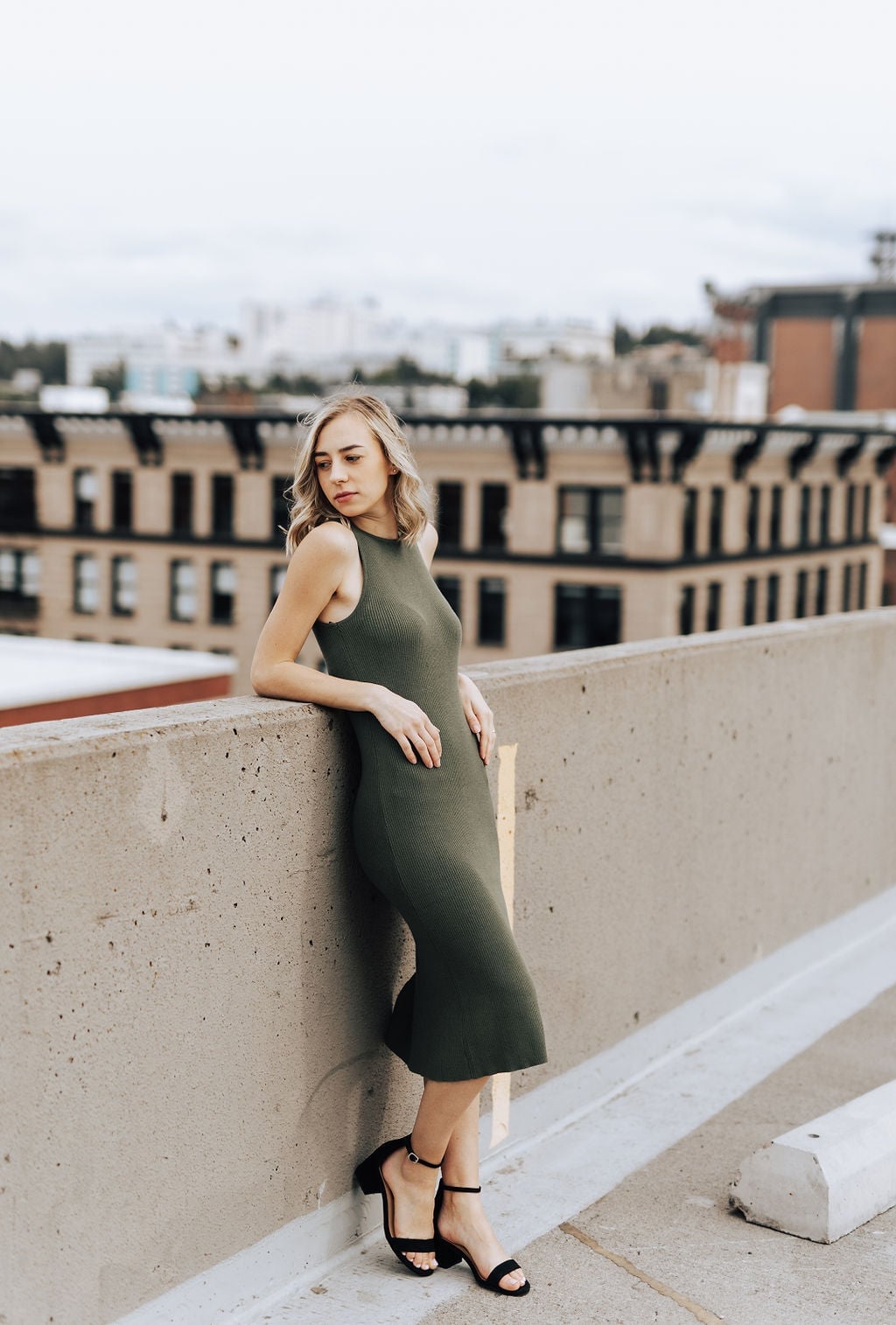 Olive Green Sleeveless Ribbed Knit Midi Dress, Close-Up Take — Simple Knitted Dresses