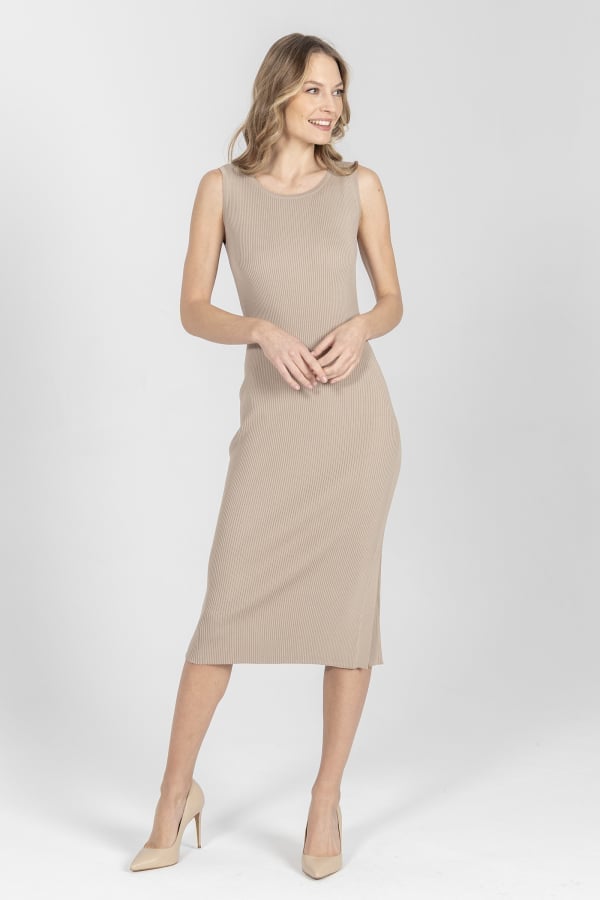 Beige Sleeveless Ribbed Knit Midi Dress — Simple Knitted Dresses