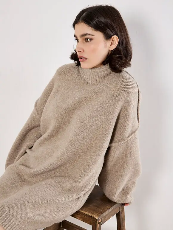 Neutral Beige Oversized Mock Neck Mini Dress — Simple Knitted Dresses