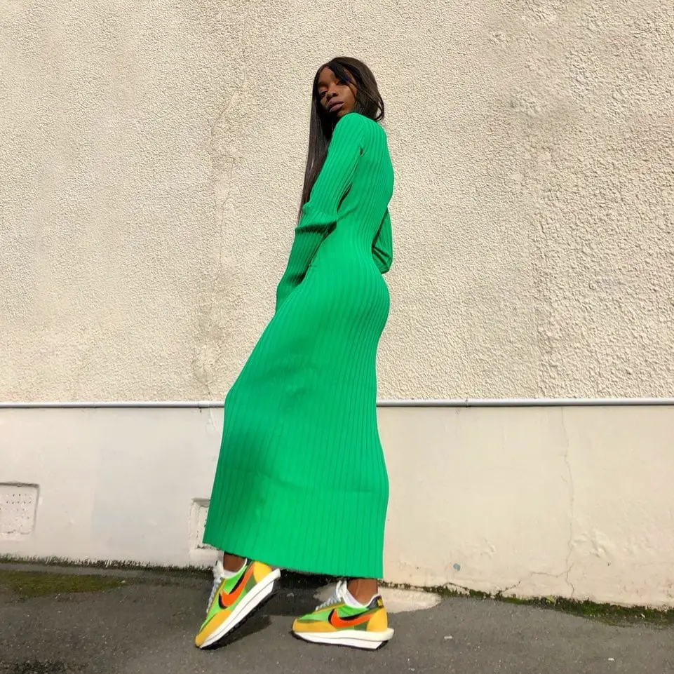 Bright Green Oversized Ribbed Knit Maxi Dress — Simple Knitted Dresses