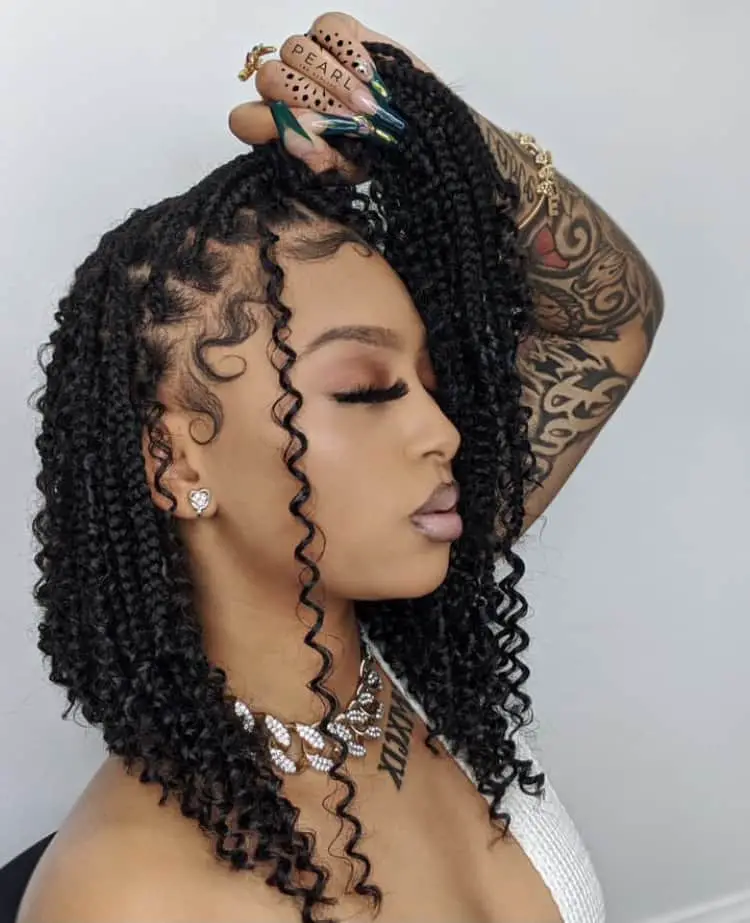 Side View Collarbone Black Braids With Curly Ends Side View Collarbone Black Braids With Curly Ends — Simple Knotless Box Braids