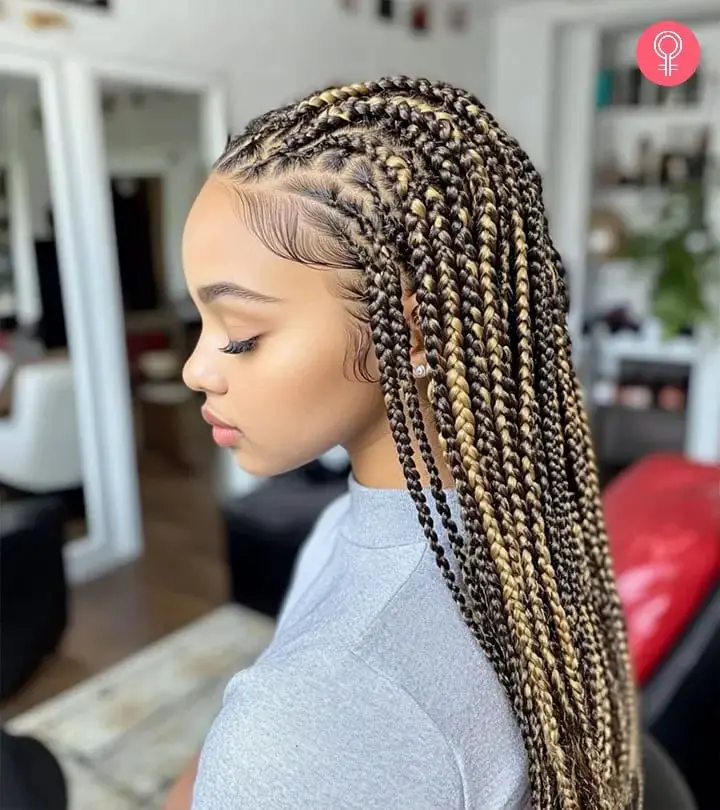 Mid-Back Braids With Blonde Highlights and Curtain Bangs Mid-Back Braids With Blonde Highlights and Curtain Bangs — Simple Knotless Box Braids