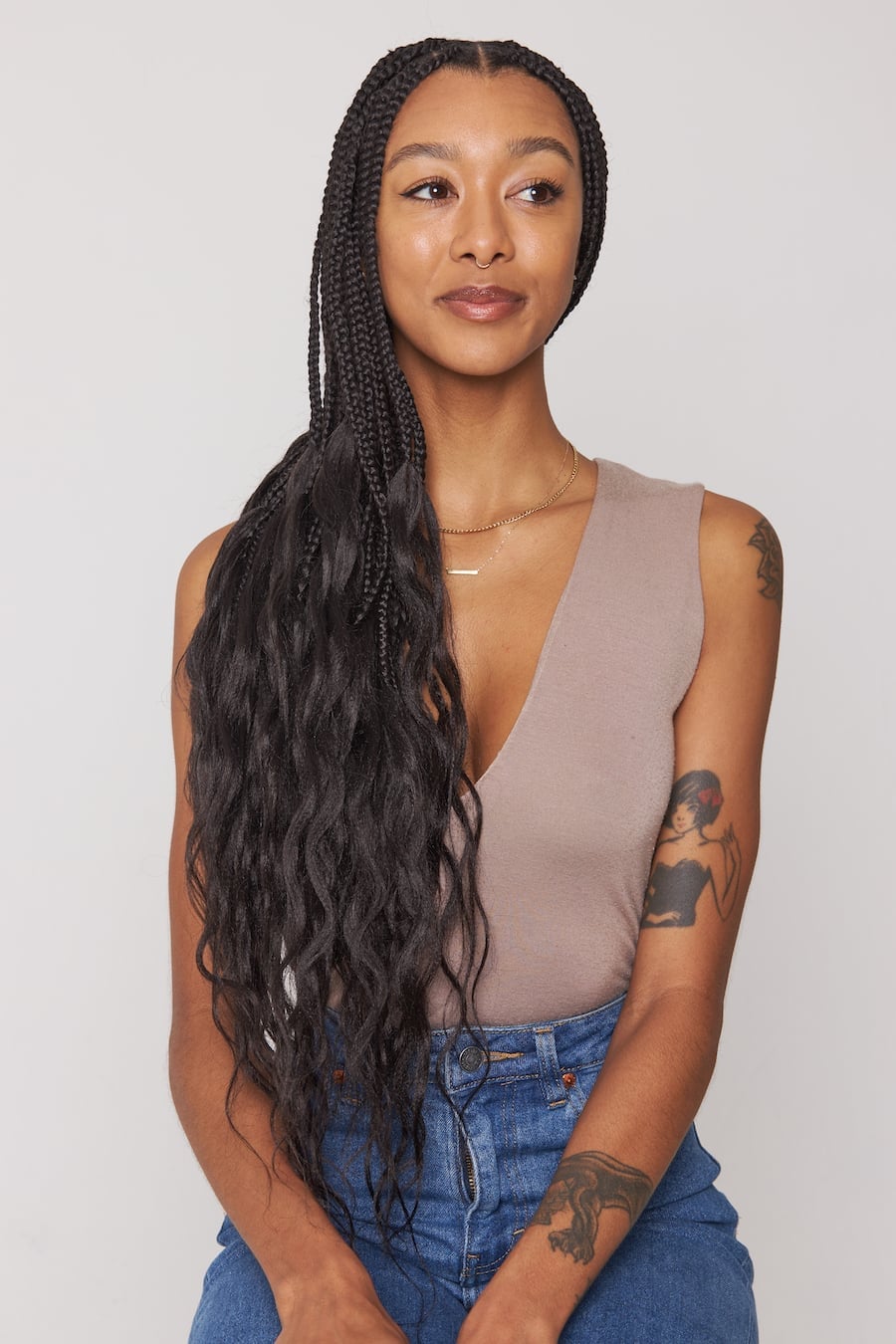 Mid-Back Black Braids With Long Wavy Ends Mid-Back Black Braids With Long Wavy Ends — Simple Knotless Box Braids