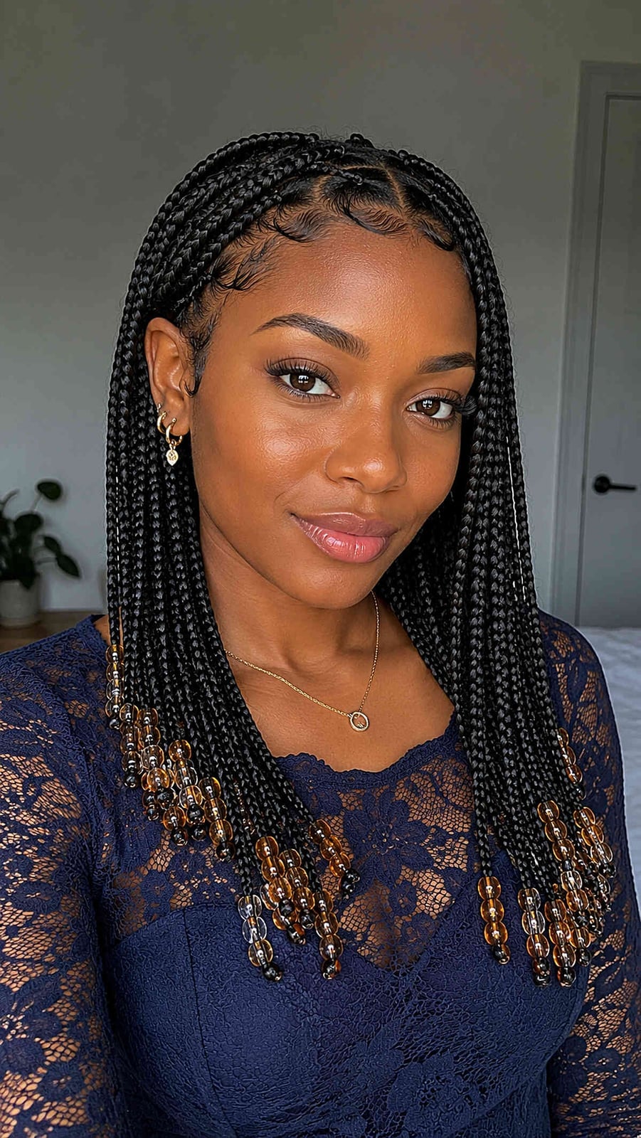 Shoulder Length Black Braids With Wispy Bangs And Beads Shoulder Length Black Braids With Wispy Bangs And Beads — Simple Knotless Box Braids