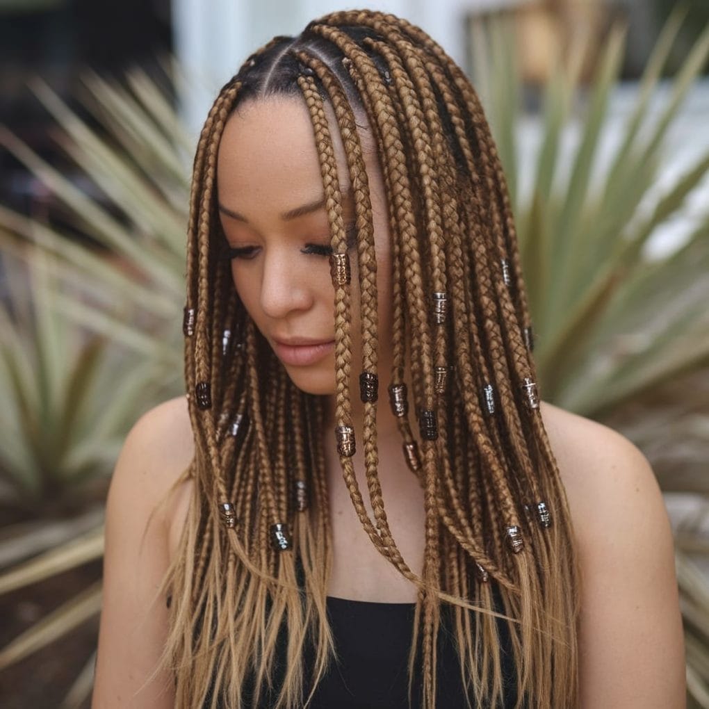 Mid-Back Light Brown Braids With Metallic Beads, Straight — Simple Knotless Hairstyles