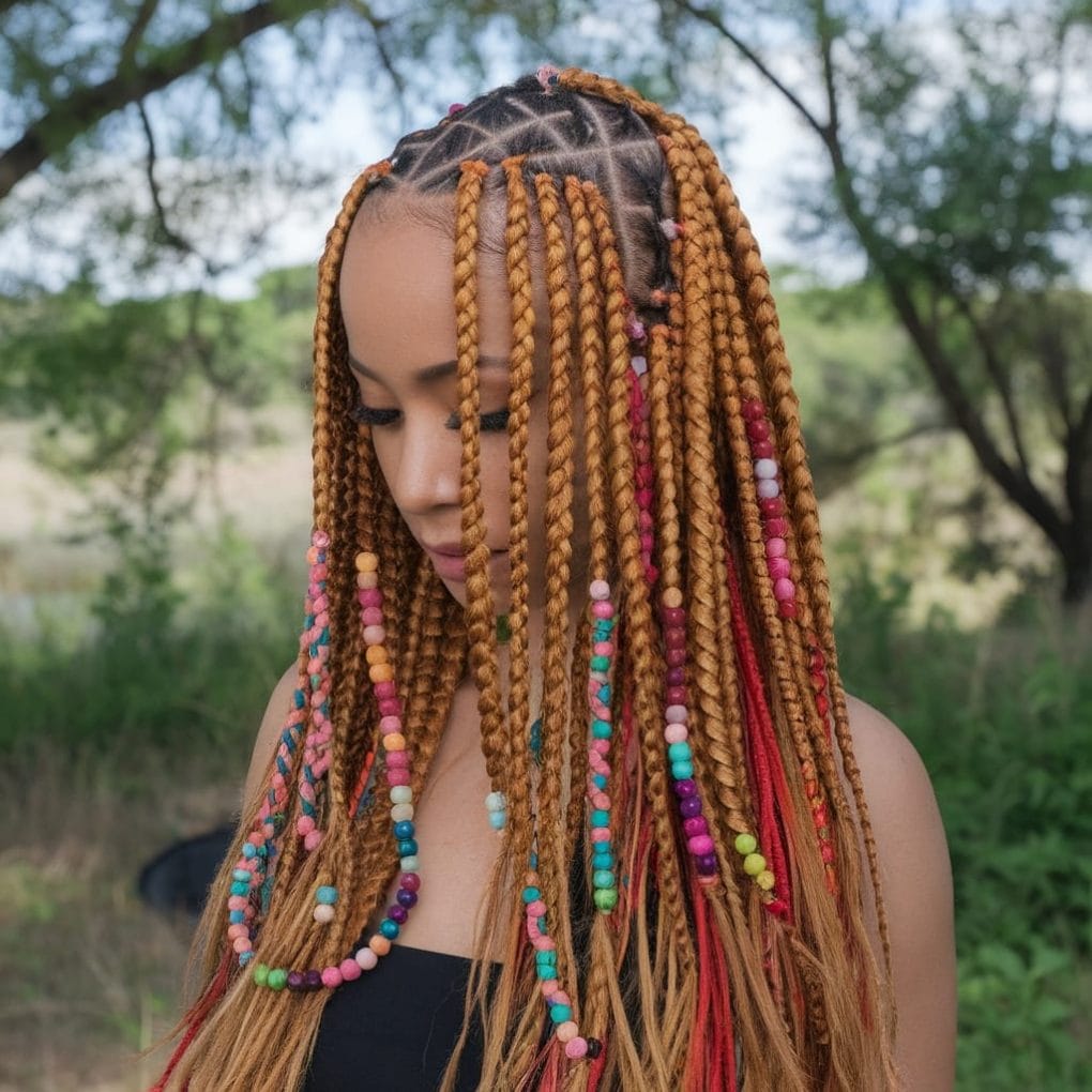 Mid-Back Honey Blonde Braids With Colorful Beads — Simple Knotless Hairstyles