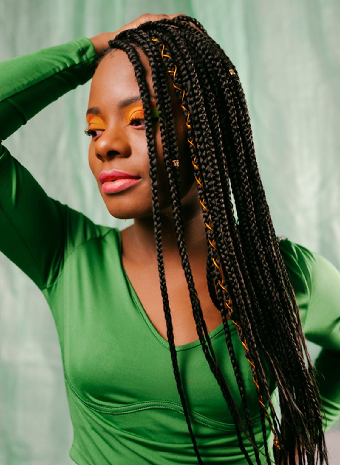 Mid-Back Black Braids With Gold Thread Accents — Simple Knotless Hairstyles