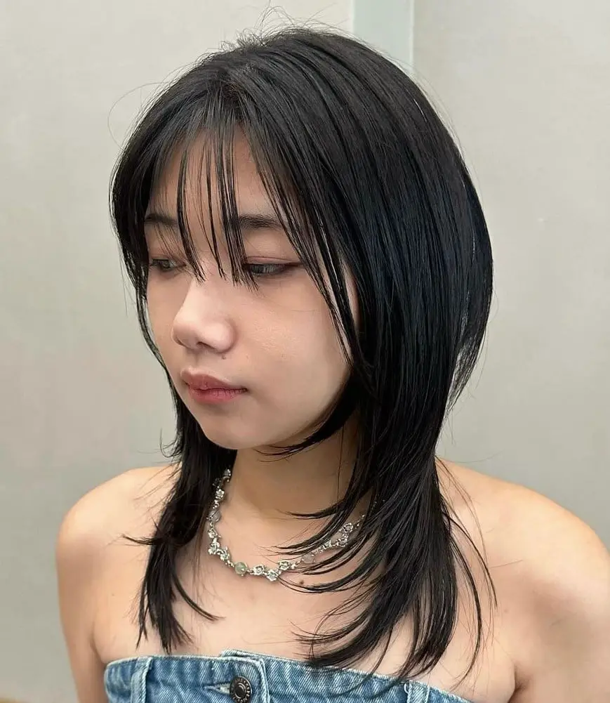 Collarbone Wolf Cut With Wispy Bangs, Black — Simple Korean Hair