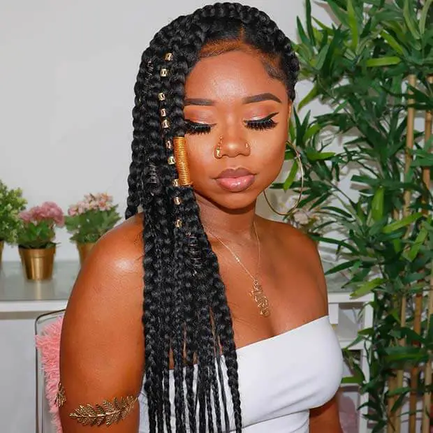 Thick Black Braids With Gold Cuffs And Beads Thick Black Braids With Gold Cuffs And Beads — Simple Large Knotless Braids